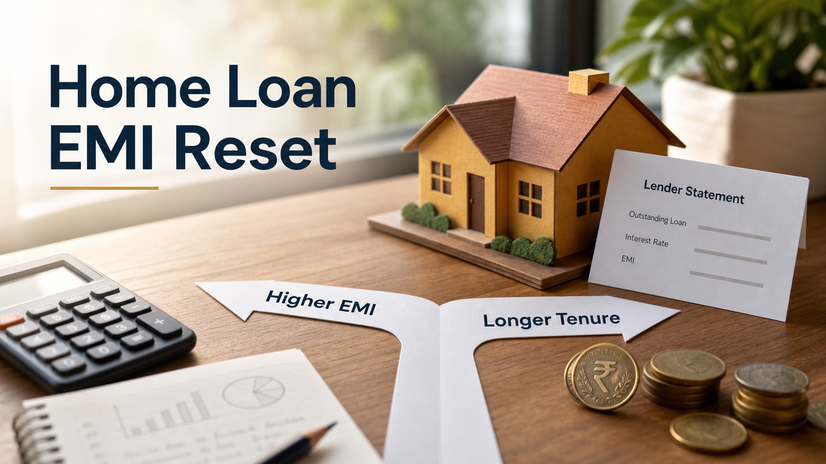 Editorial image of a borrower comparing home loan EMI and tenure options beside a small house model.