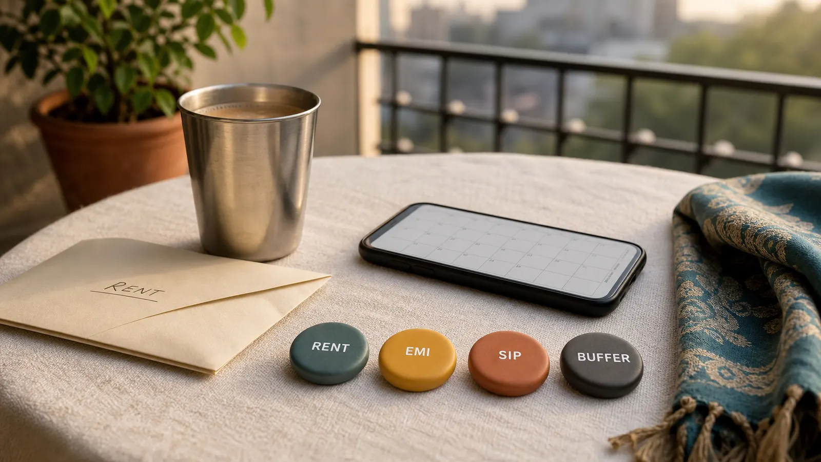 Balcony table with labelled rent EMI SIP and buffer tokens for monthly salary budgeting.