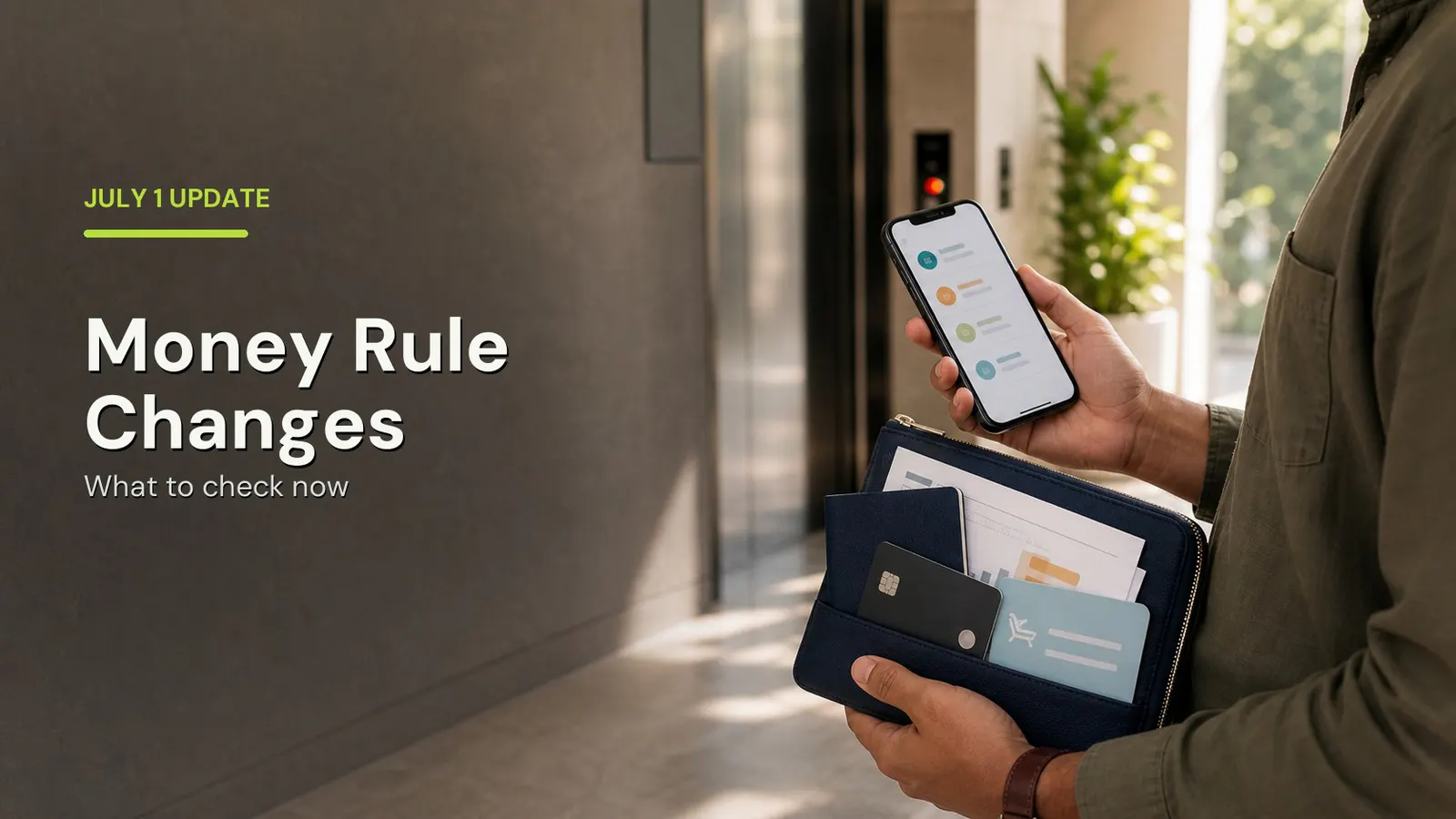 Person checking a phone while holding travel and finance documents beside an entryway, labelled Money Rule Changes.