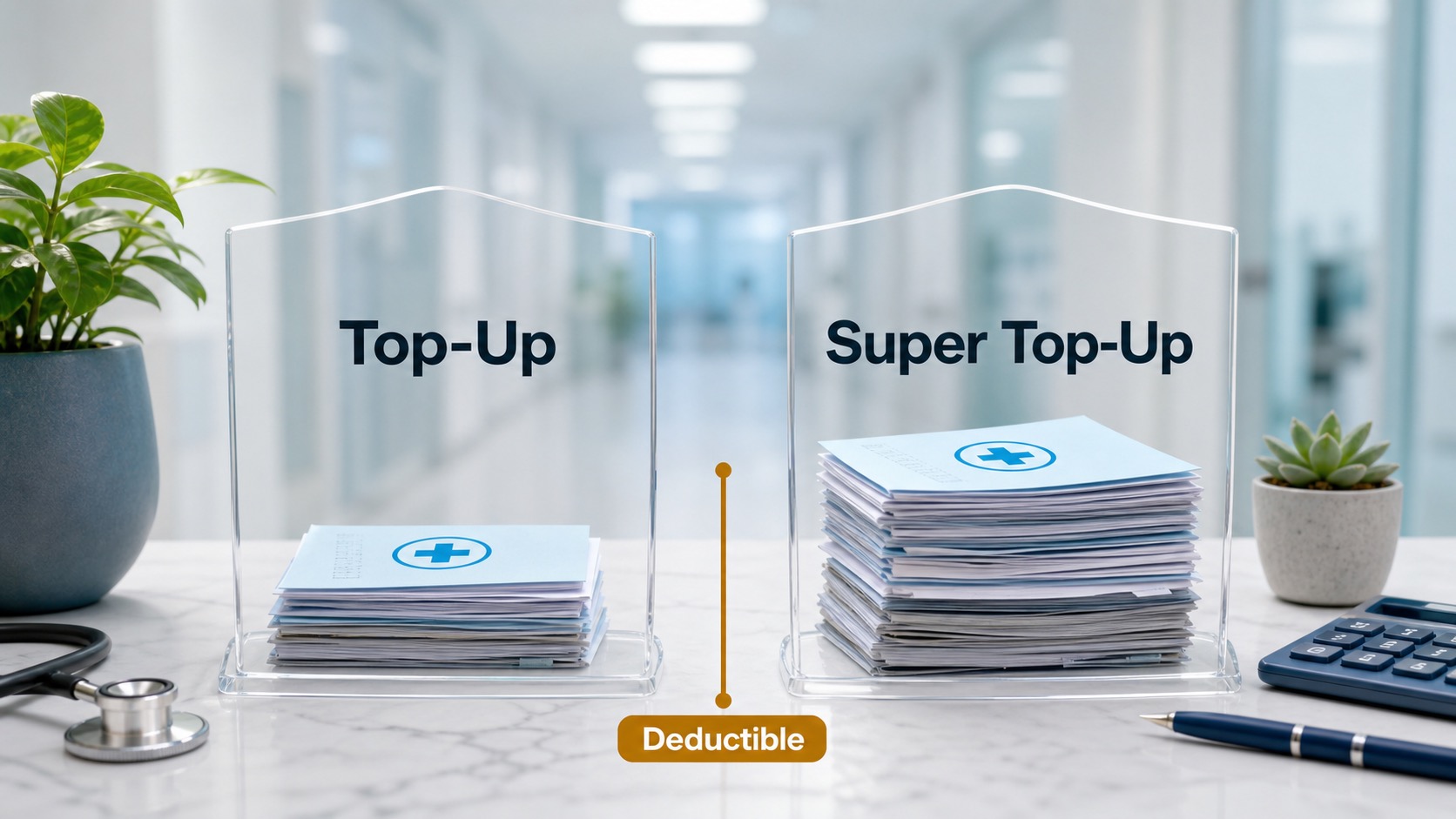 Top-up and super top-up health insurance bill stacks separated by a deductible marker.