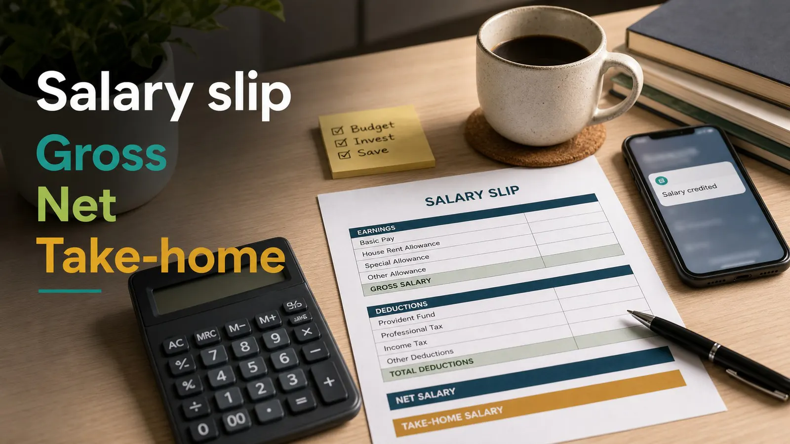 Salary slip on a desk showing gross, net and take-home salary labels.