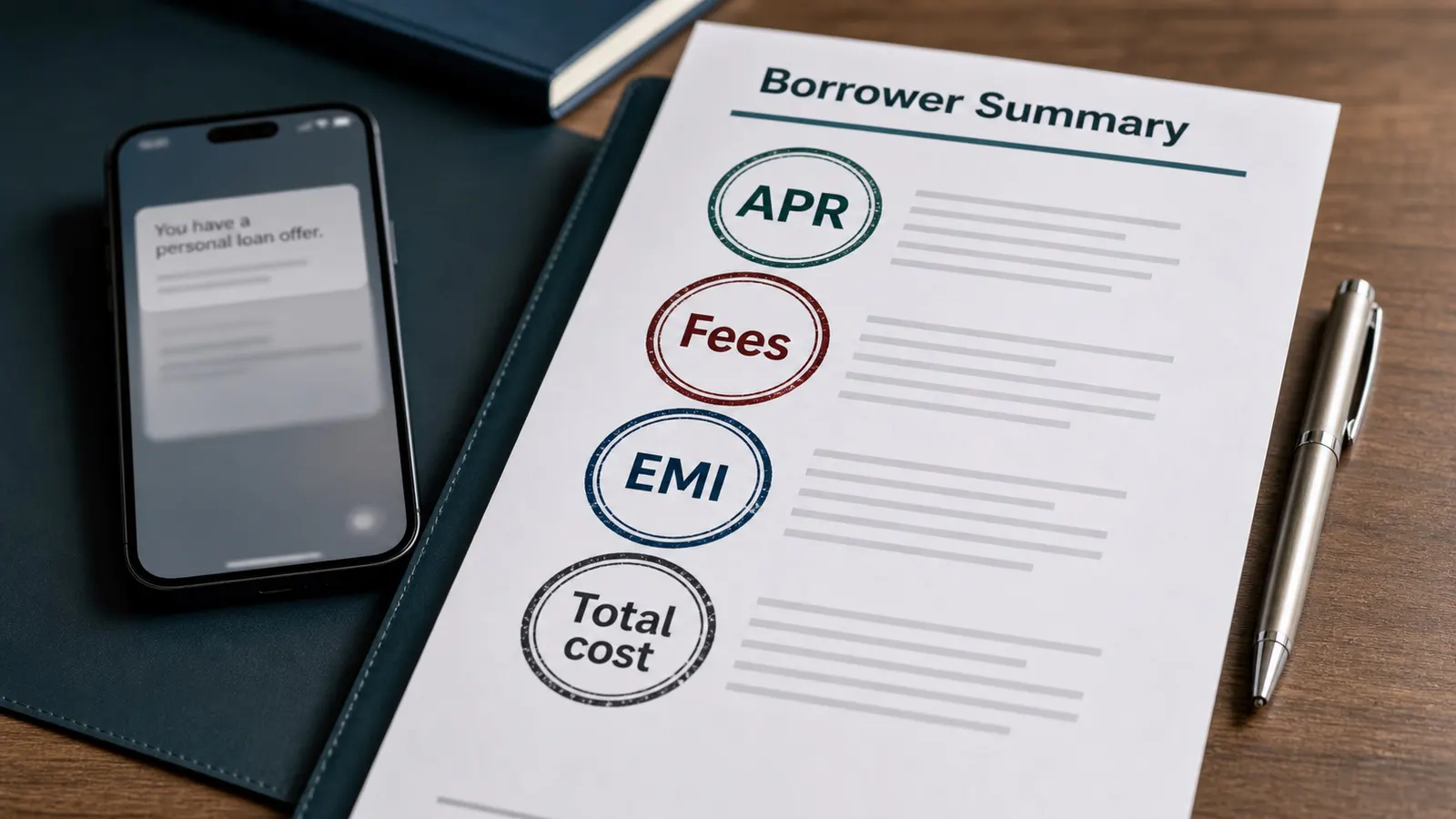 Personal loan borrower summary sheet showing APR, fees, EMI and total cost labels beside a phone offer.