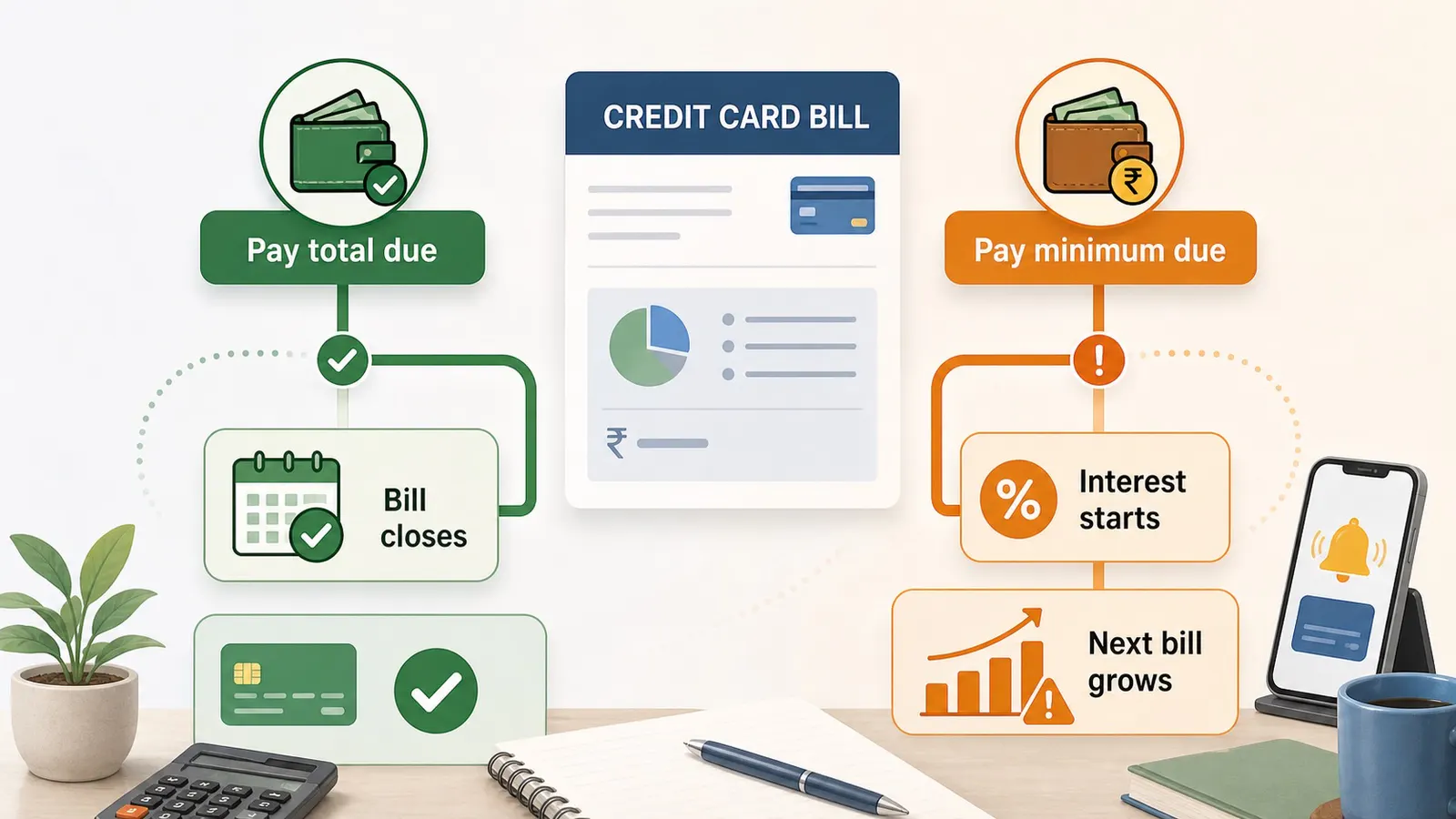 Flowchart showing how paying total due differs from paying only the minimum due on a credit card bill.