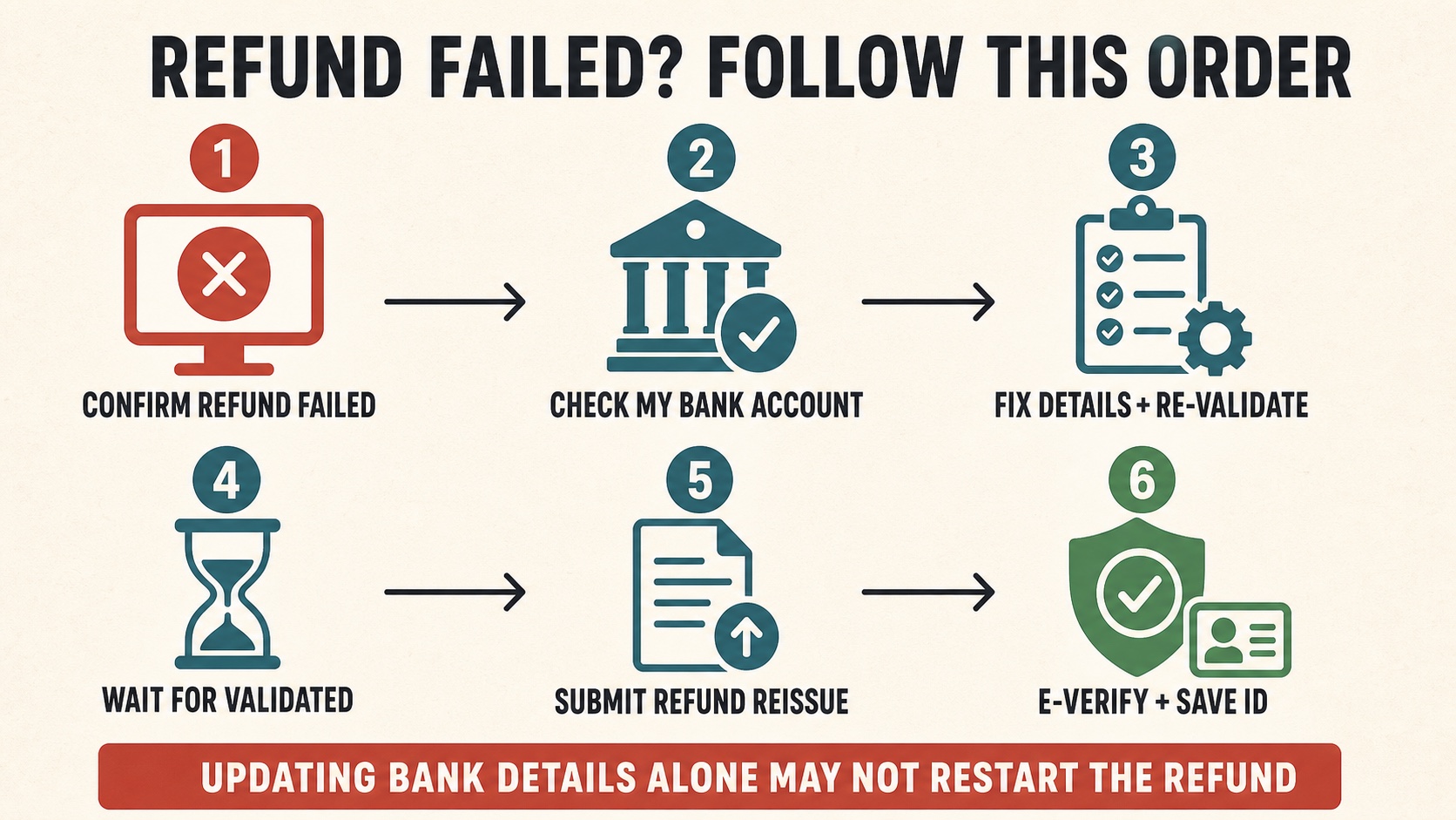 Steps to fix bank validation and request reissue of a failed income tax refund.