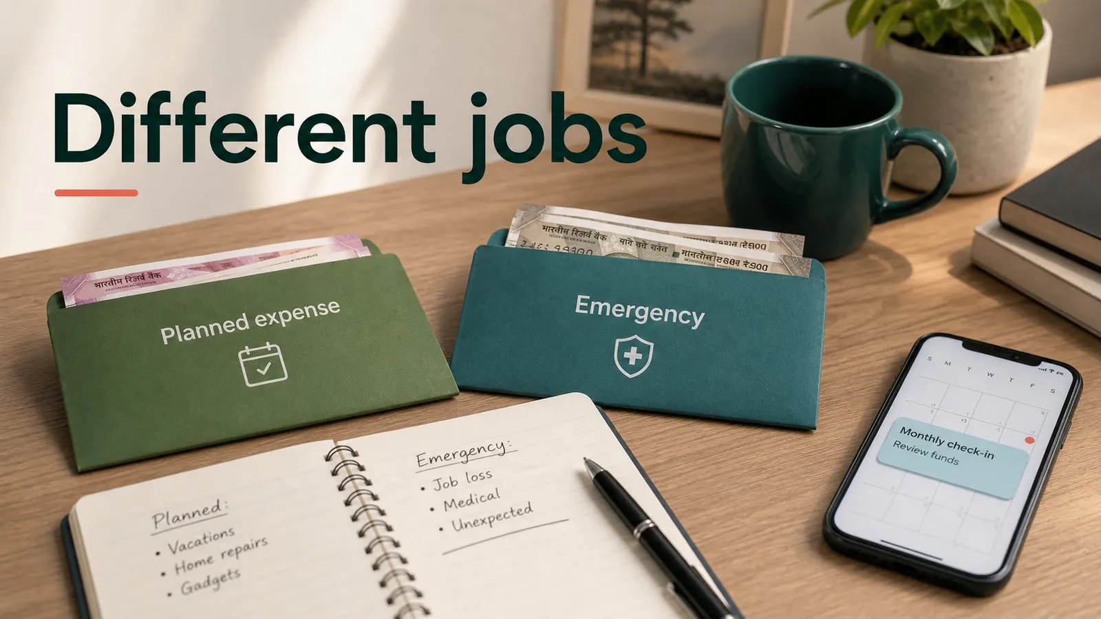 Two separate envelopes labelled planned expense and emergency on a desk for a sinking fund comparison.