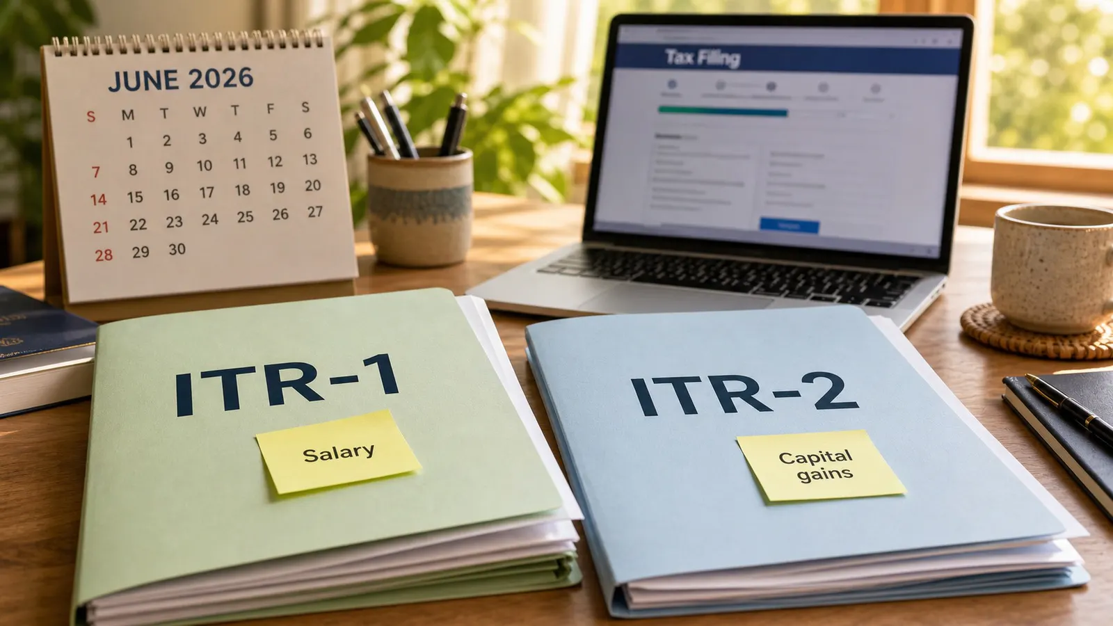 Two folders labelled ITR-1 and ITR-2 on a tax filing desk with salary and capital gains notes.