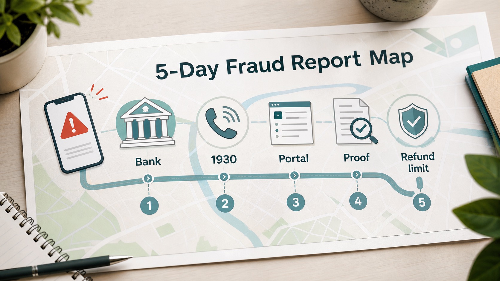 Editorial infographic showing a five-day online fraud reporting path from bank complaint to 1930, portal, proof and refund limit.