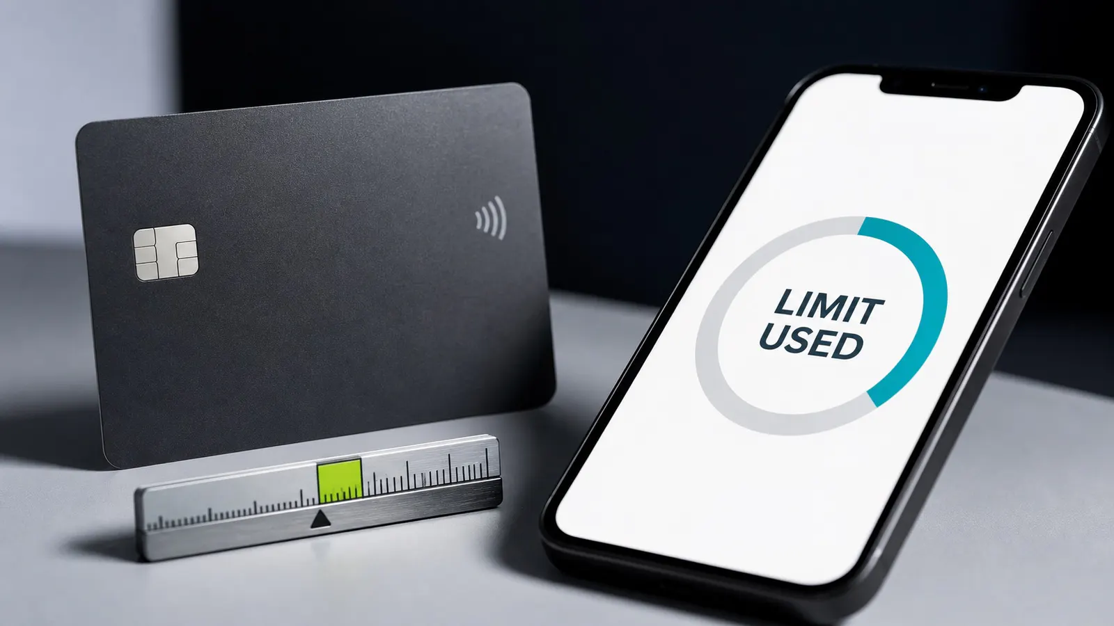 Credit card and phone screen showing a limit used meter for credit utilization ratio.
