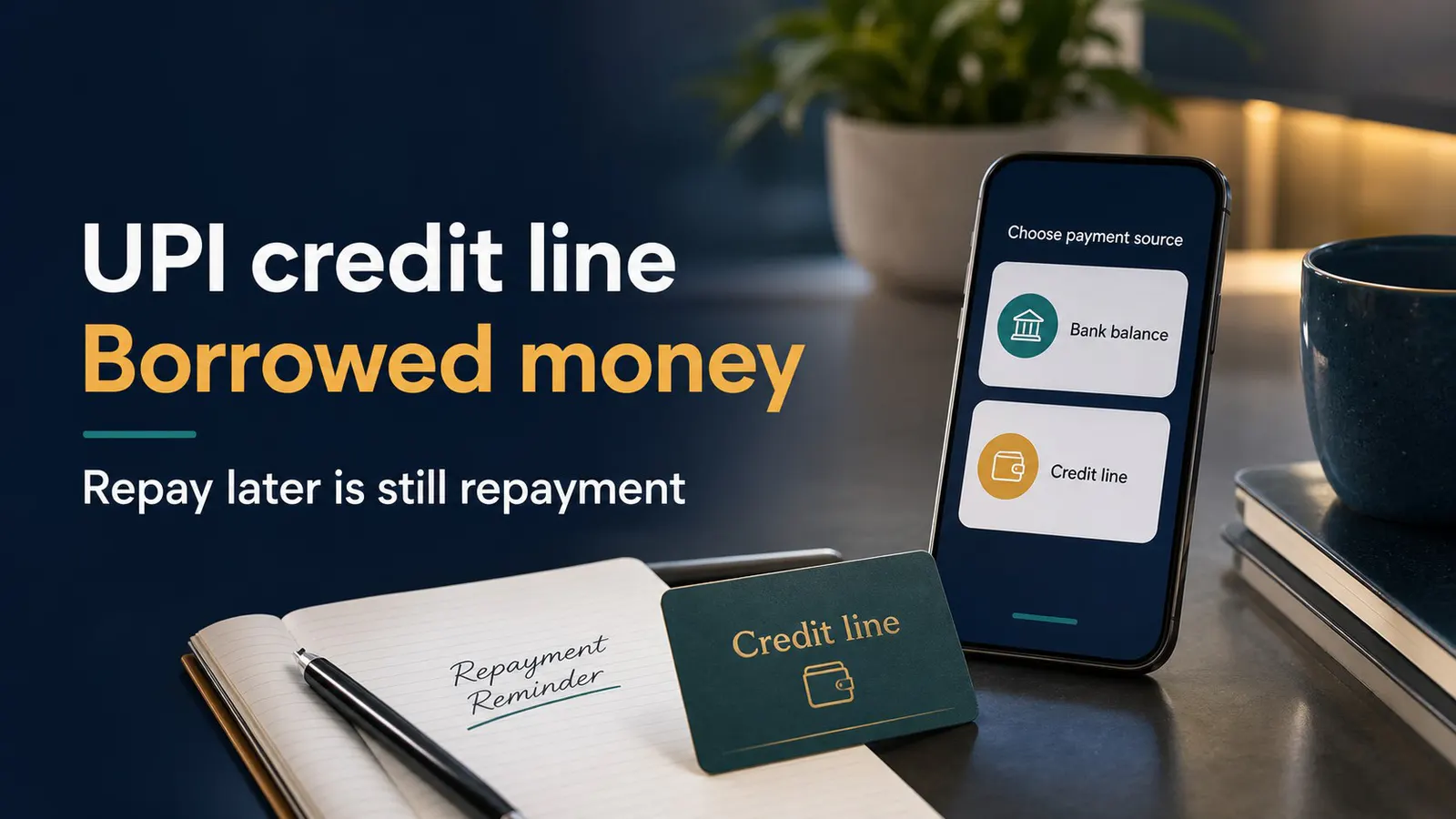 Phone showing a UPI payment choice between bank balance and credit line with a repayment reminder card.