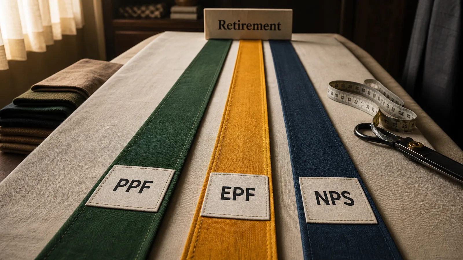 Three stitched retirement planning ribbons labelled PPF EPF and NPS on a measuring table.