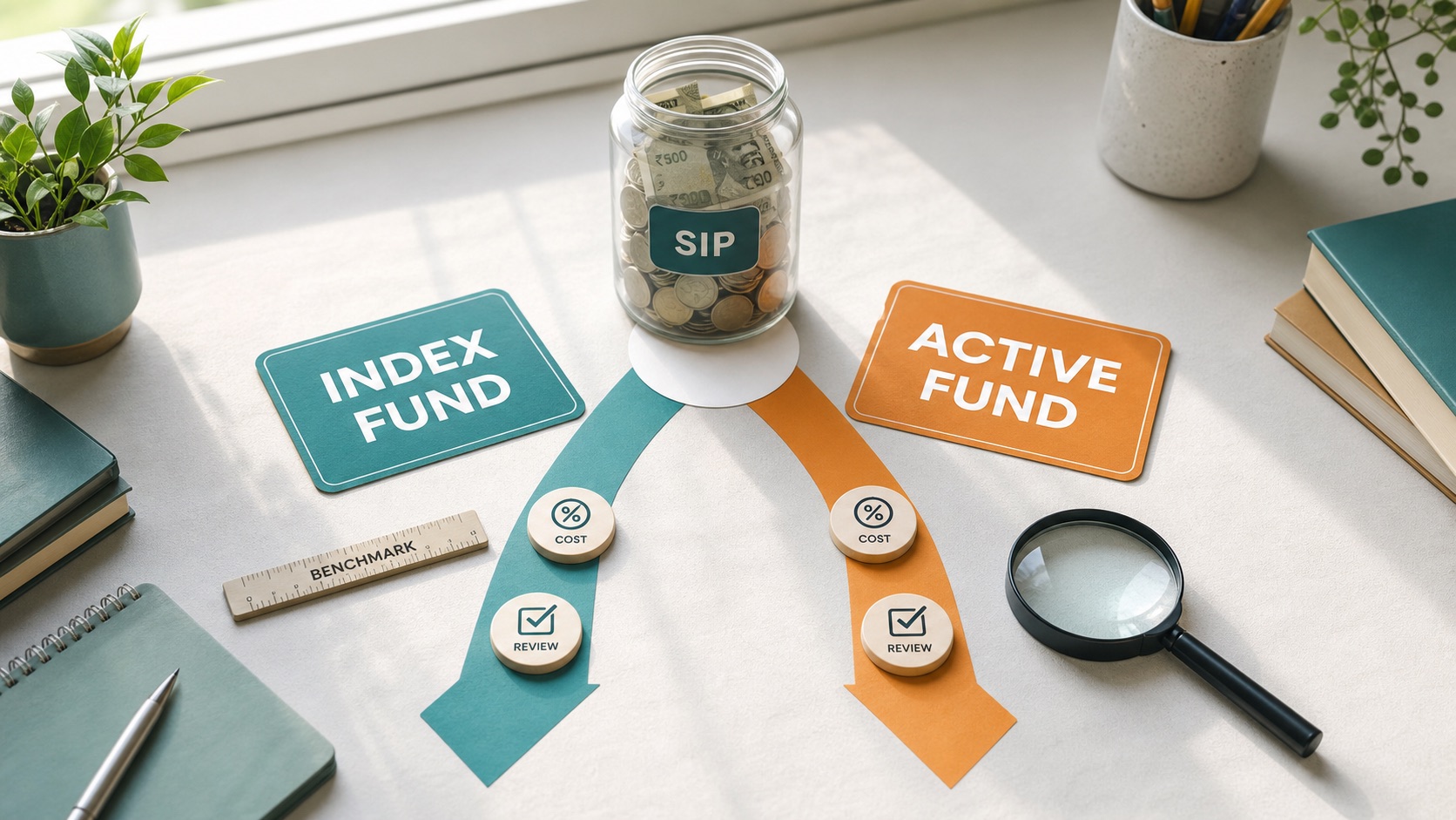 Two simple investment paths labelled Index Fund and Active Fund on a calm study table.