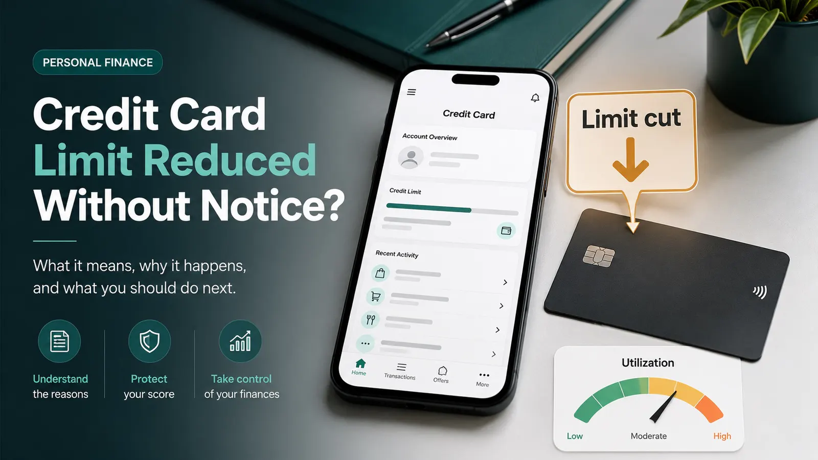 Phone showing a credit card with a lowered limit and a utilization meter rising from safe to high.