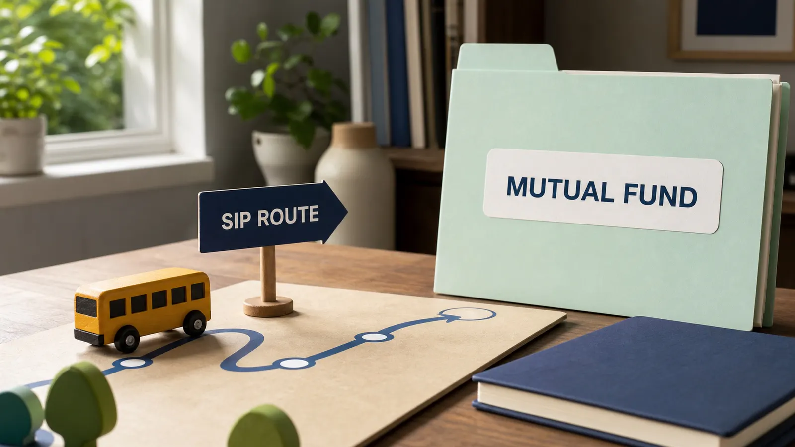Toy route sign labelled SIP route pointing toward a mutual fund folder.