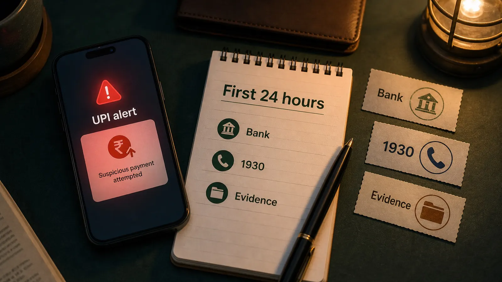 Editorial image showing a first-24-hours UPI fraud response notepad with bank, 1930 and evidence steps.