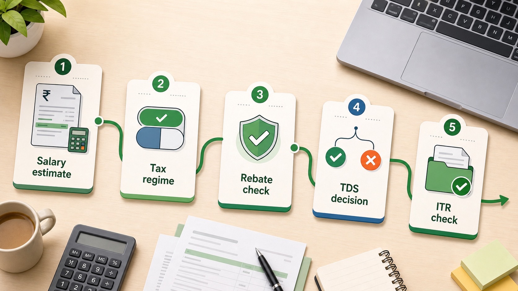 Flowchart showing how salary estimate, tax regime and rebate affect TDS and ITR filing.