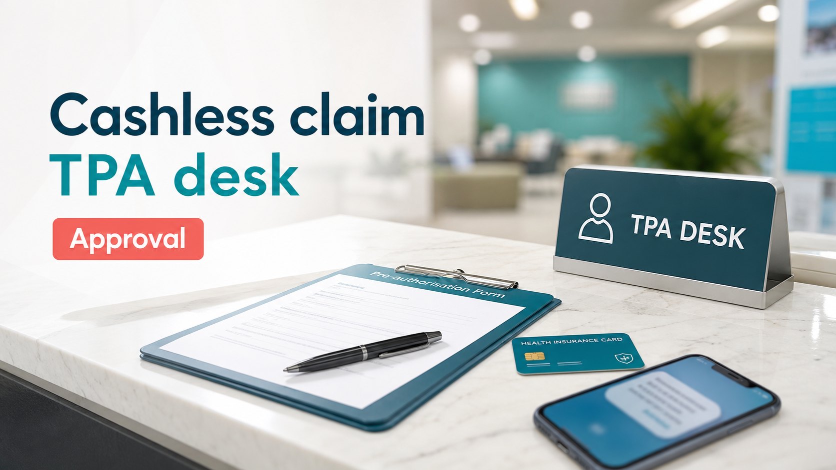 Hospital insurance desk with health insurance card, form and TPA desk sign for a cashless claim guide.