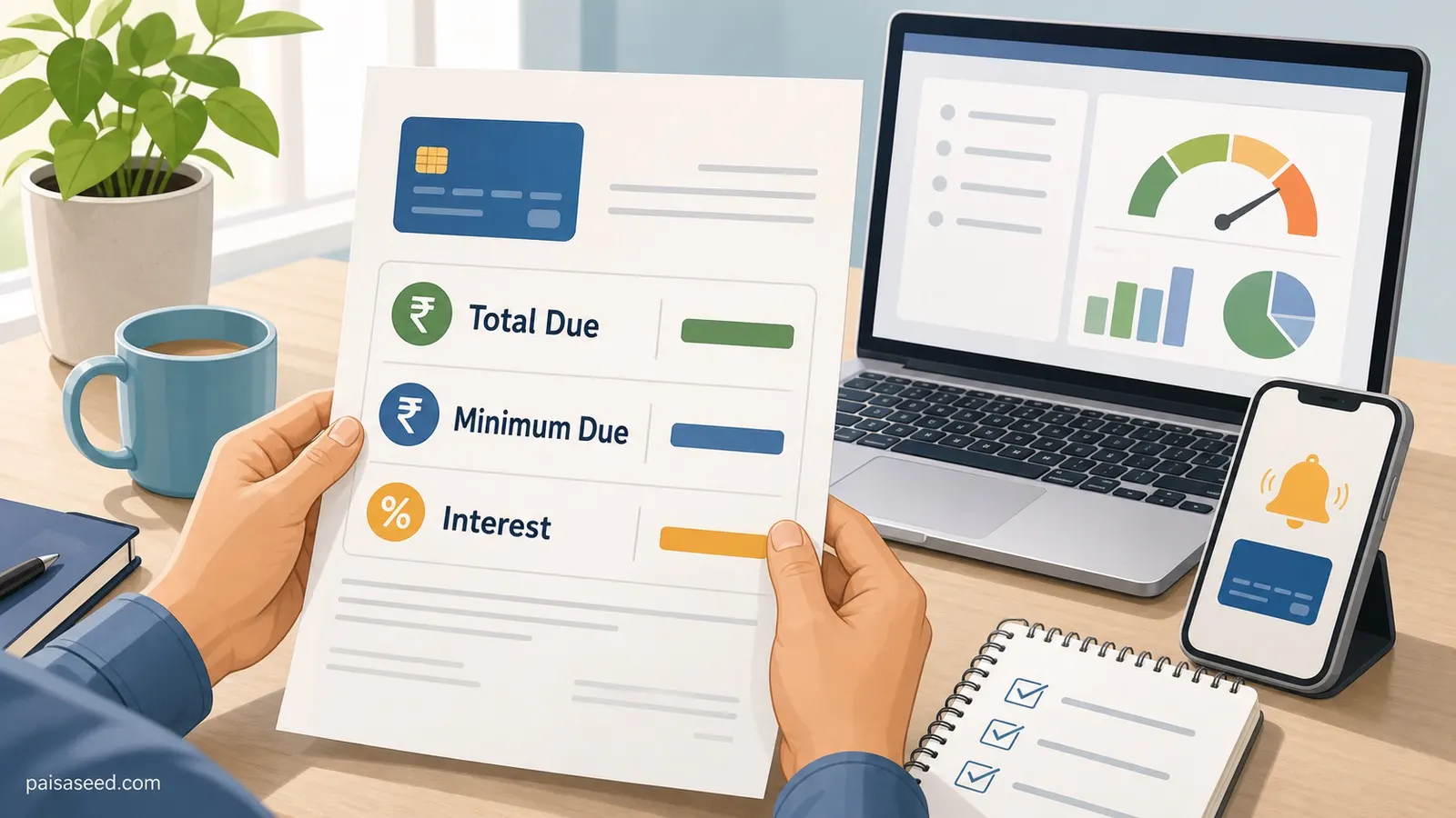 Illustration of a credit card bill showing total amount due, minimum amount due and interest notes.