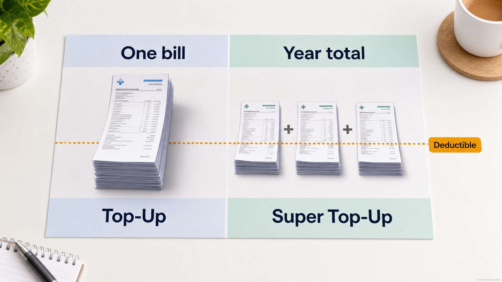Comparison image showing one bill for top-up and yearly total bills for super top-up above a deductible line.