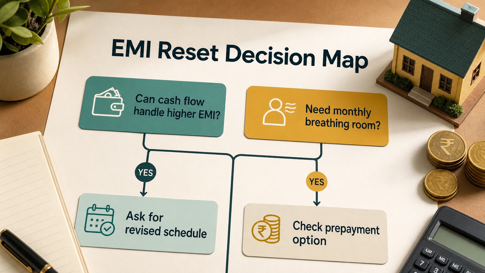 Decision map comparing EMI increase, tenure extension, revised schedule and prepayment checks after a home loan reset.