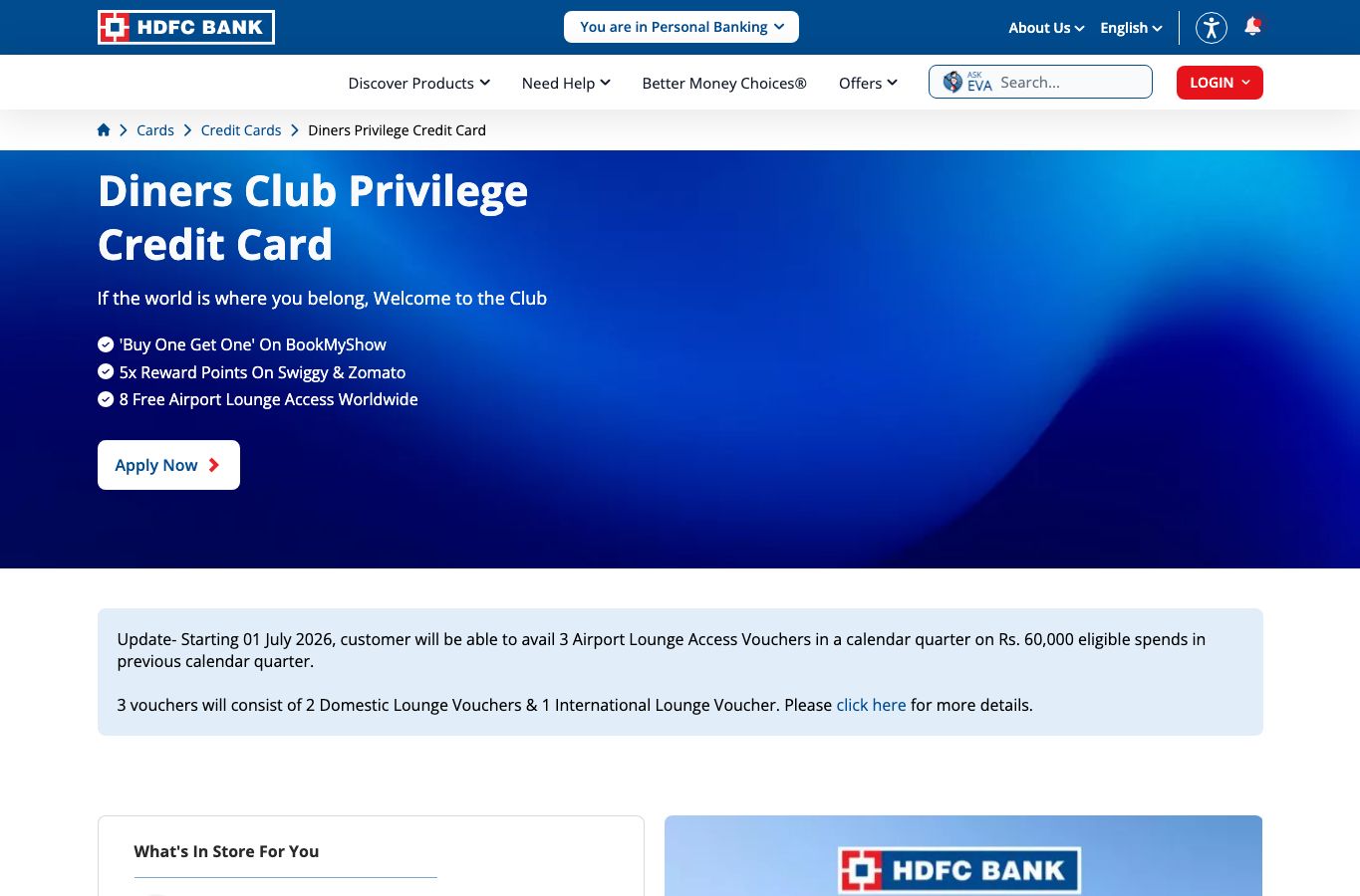 HDFC Bank page showing Diners Club Privilege lounge voucher update from 1 July 2026.