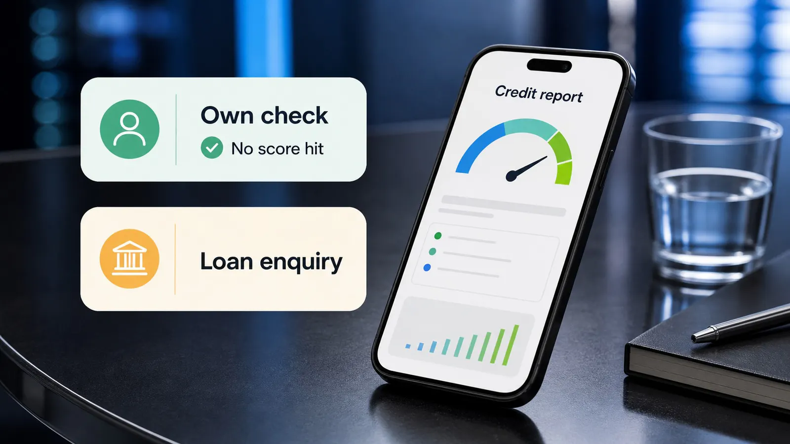 Phone and credit report visual showing own score check versus lender enquiry with no score-hit message.