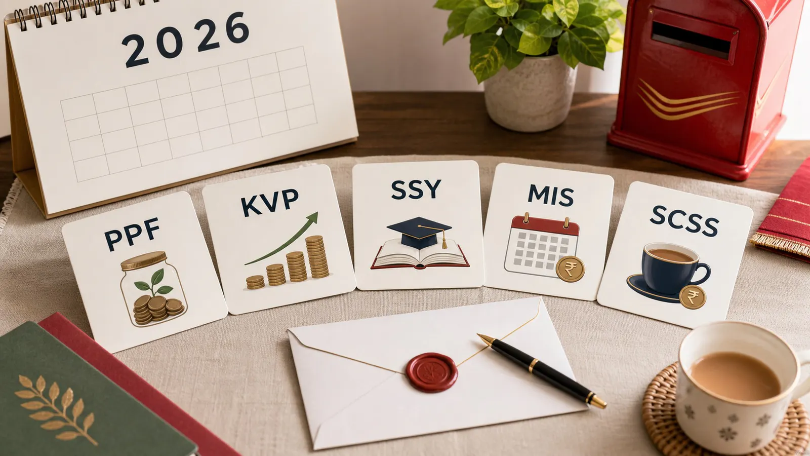 Editorial comparison image showing five post office scheme goal cards for PPF, KVP, SSY, MIS and SCSS.