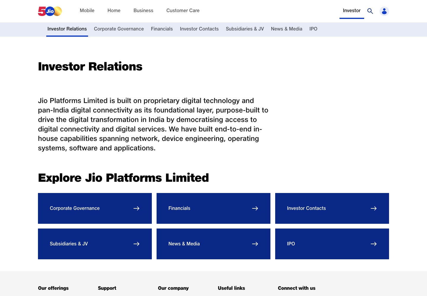 Screenshot of the official Jio investor relations page showing Jio logo, Investor Relations heading and IPO navigation.