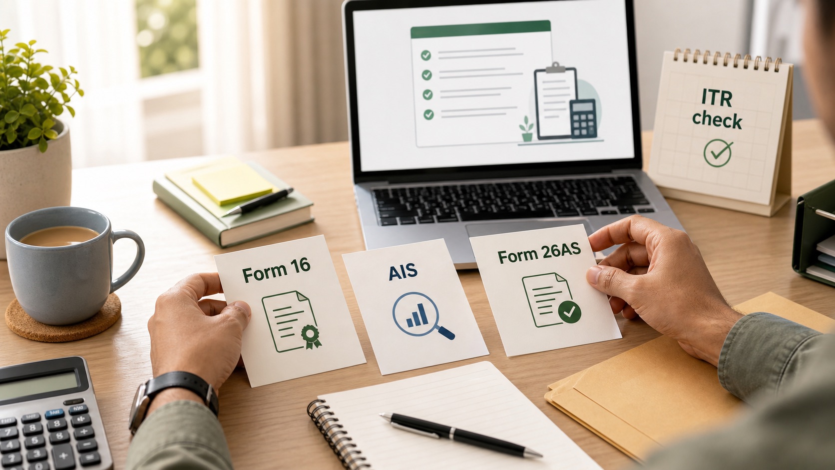 Photo-style illustration showing Form 16, AIS and Form 26AS cards on a desk with an ITR check reminder.
