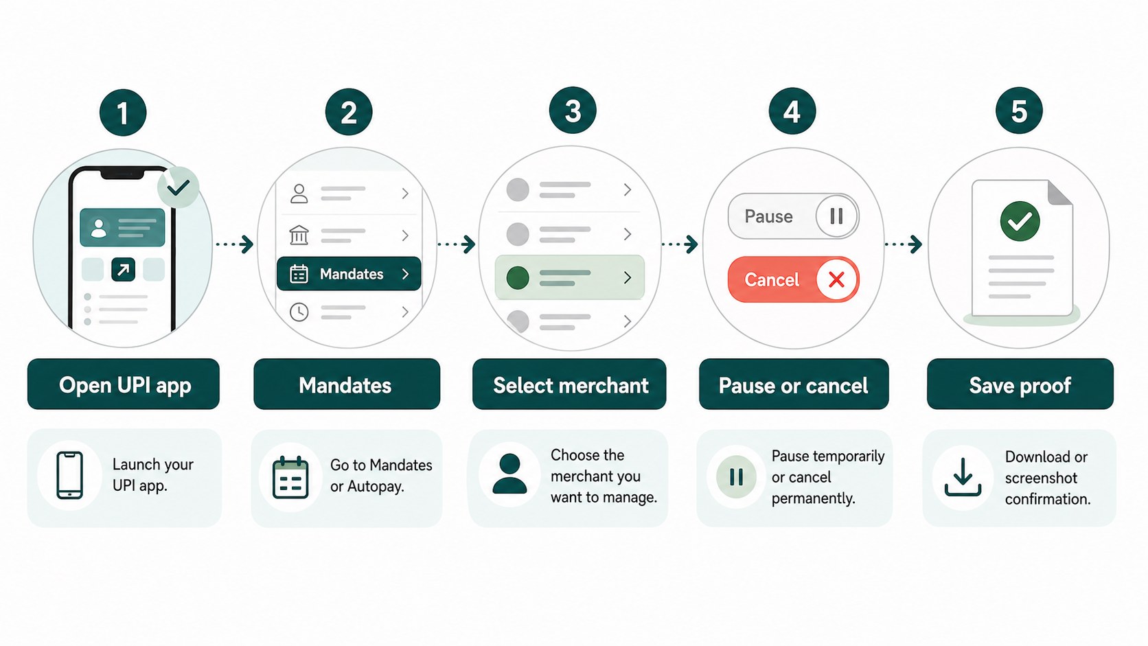 Five-step map for checking and cancelling a UPI AutoPay mandate.