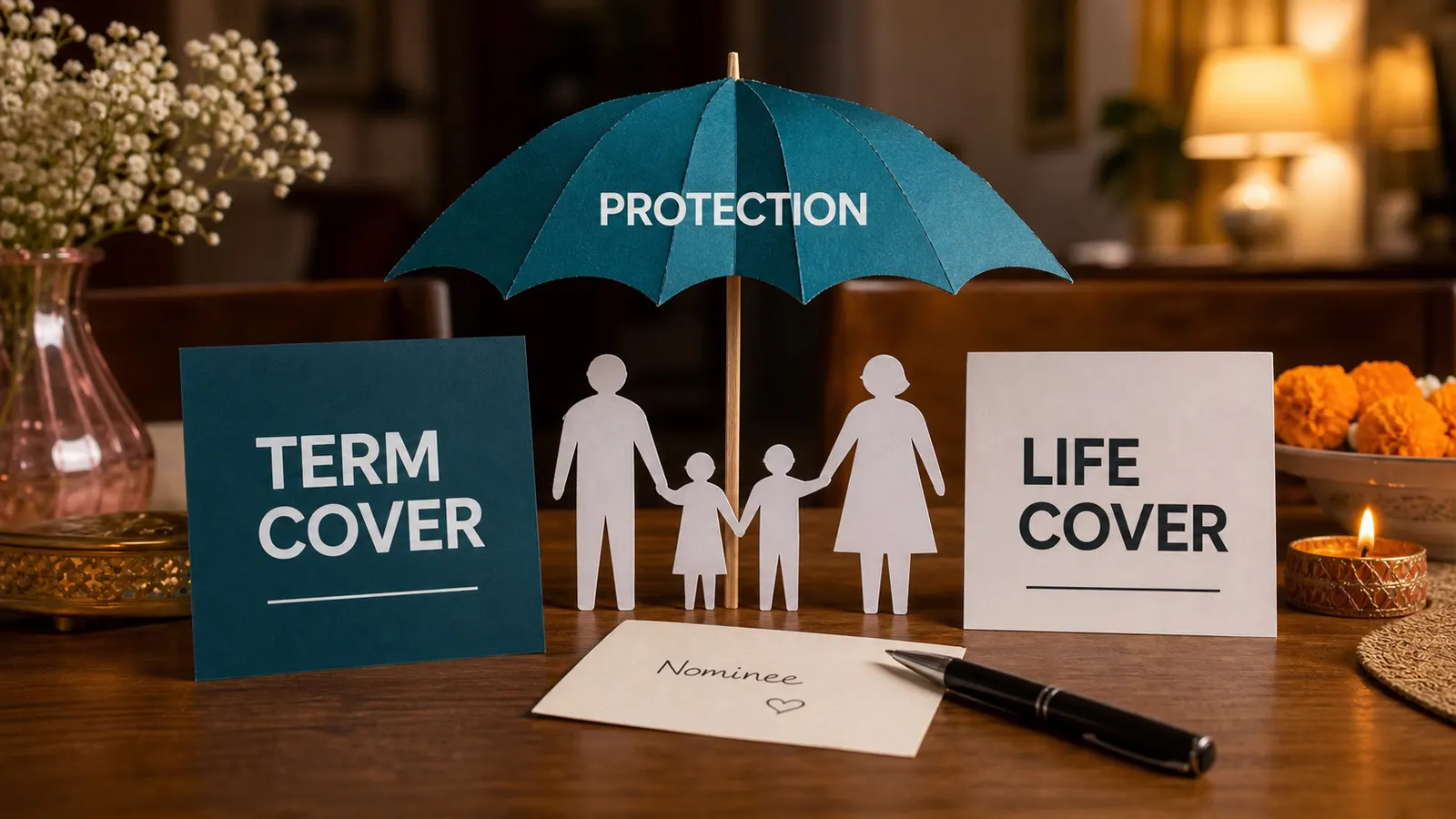 Family protection umbrella beside separate cards for term insurance and life insurance.